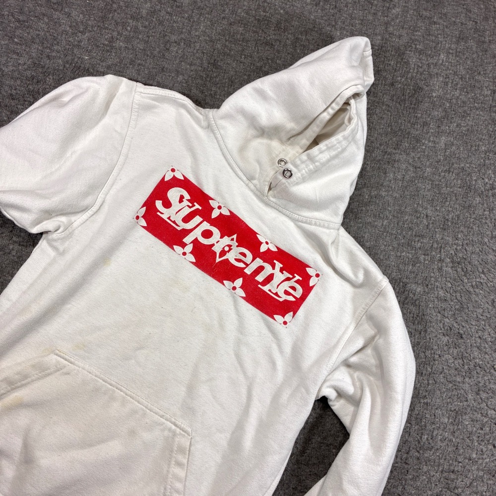 Jon Lauren‎ Supreme Hoodie Mens Small White Distressed LV Box Logo Graphic